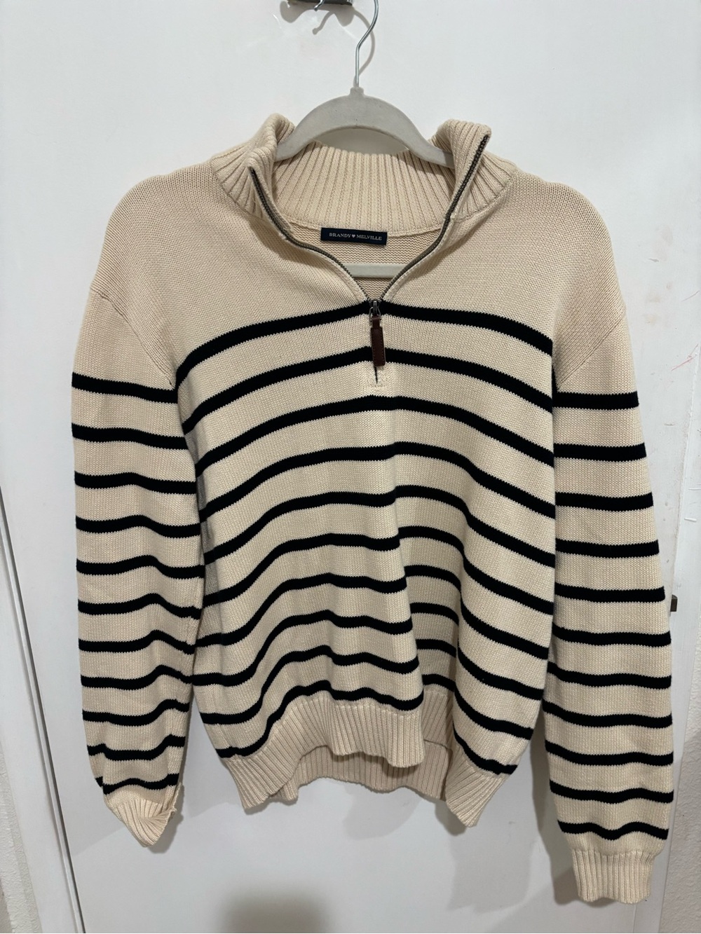 Brandy MelvilleCream and Black Striped Half-Zip Sweater